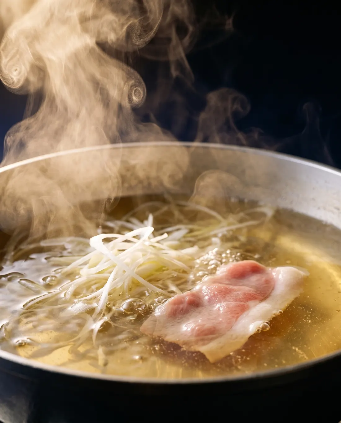 黄金色の出汁の中で、鯨と白髪葱がふつふつと煮える鍋